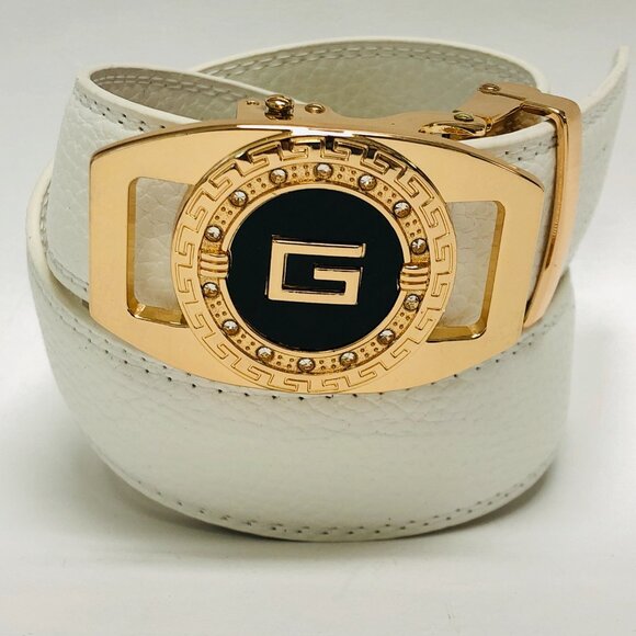 Fashion Leather Gold Slide White Men's Belt‎ Automatic G Buckle Jeans Dresss New - Picture 1 of 3